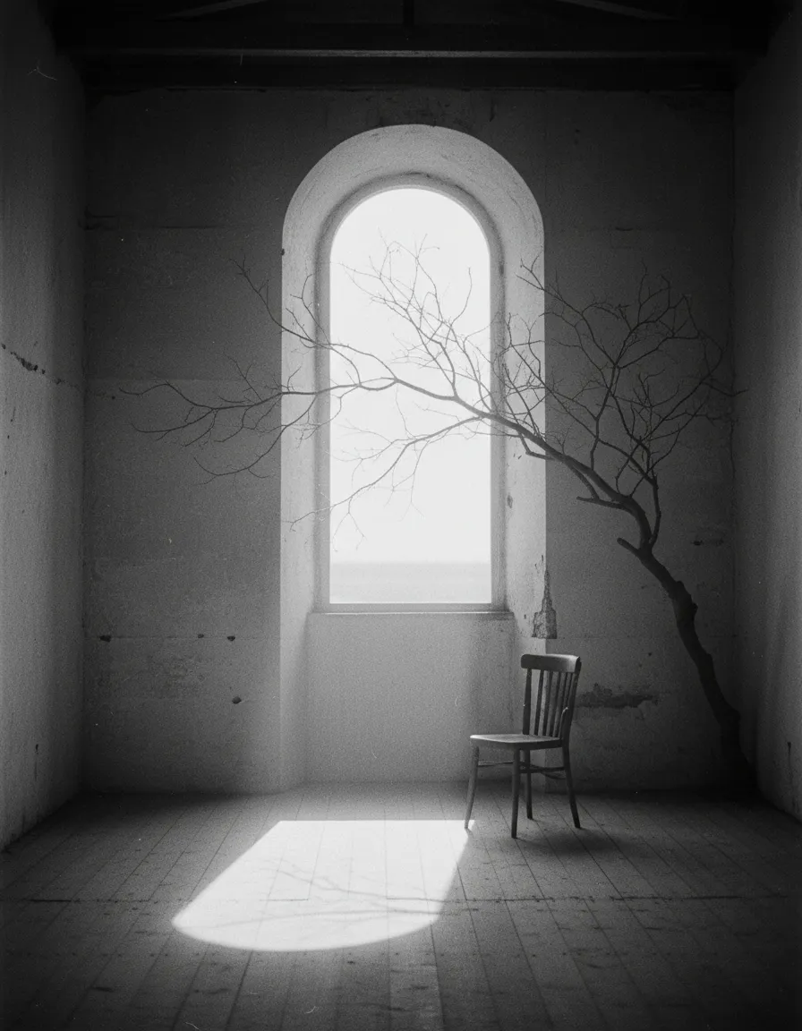 薄暗い室内にアーチ形の大きな窓からやわらかい光が床に反射している様子の白黒画像