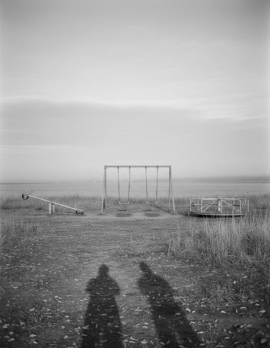 何もない原っぱにブランコとシーソーがあり、手前には2人の人物の長い影が伸びるの白黒画像