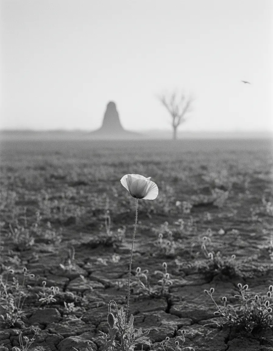 ひび割れた荒野にポピーの花が1本咲く白黒画像