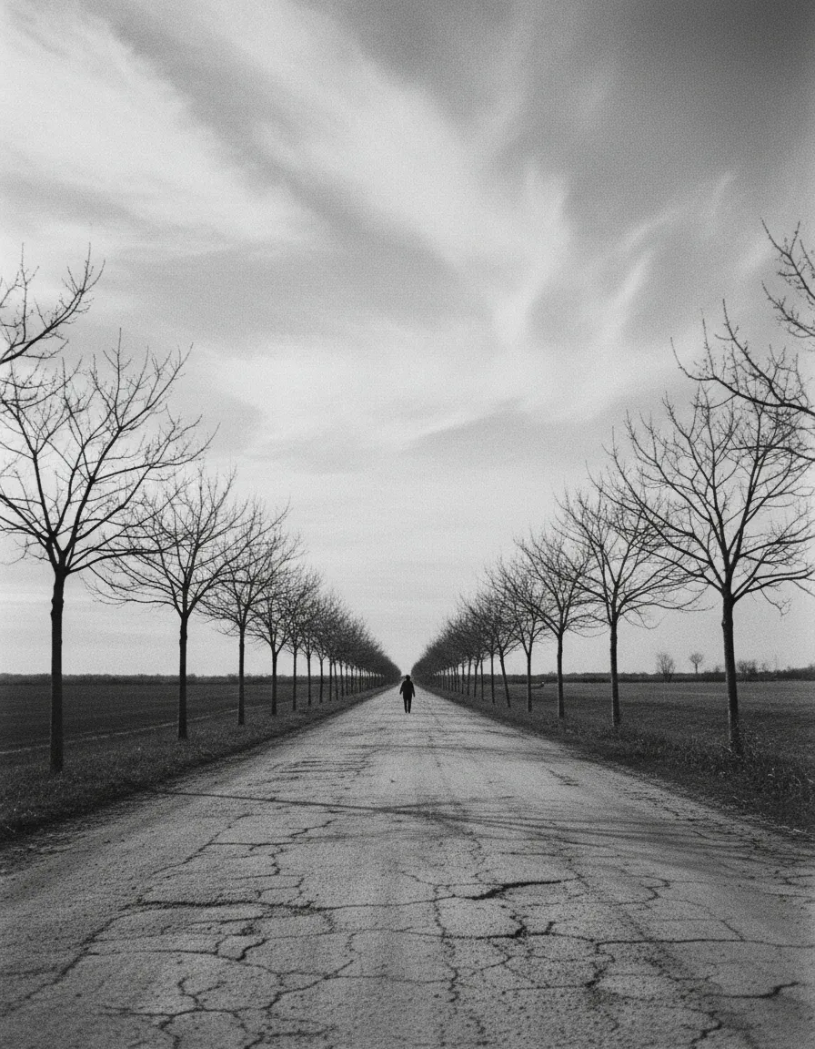 ひび割れた長い1本道の両端に葉っぱのない街路樹が立ち、画面中央奥に小さな黒い人影が見える白黒画像
