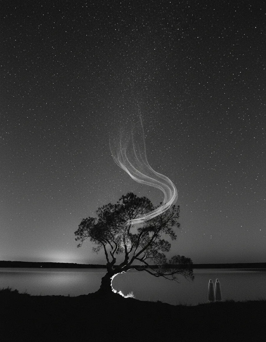 無数の星が輝き画面中央に1本の木のシルエットが見え、後ろには湖面が広がる白黒画像