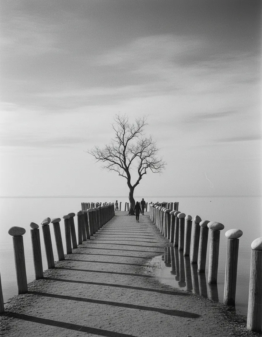 昼間の湖面に突き出た橋の先端に何人かの人影がありその中央には背の高い1本の木が立っている白黒画像