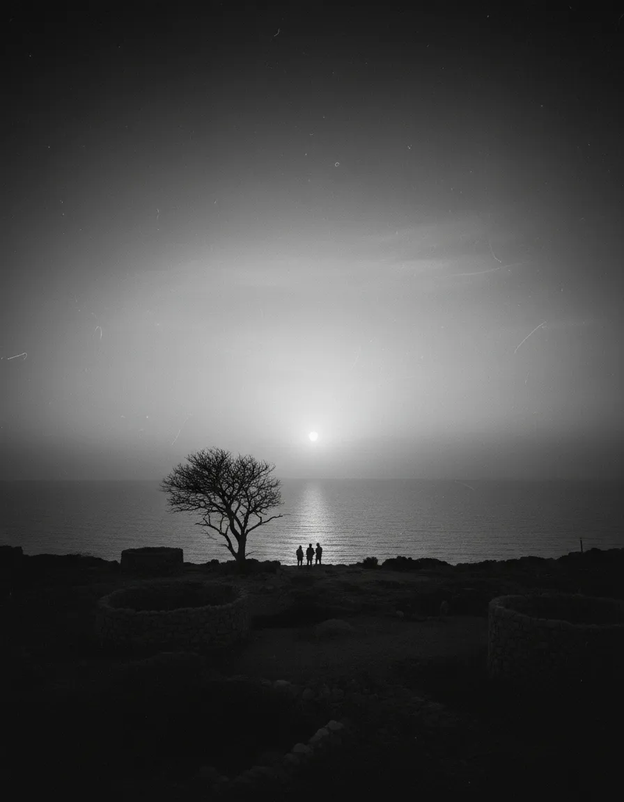 画面中央、夜の海に太陽が沈む様子を見る3人の人物のシルエットが映しだされる白黒画像