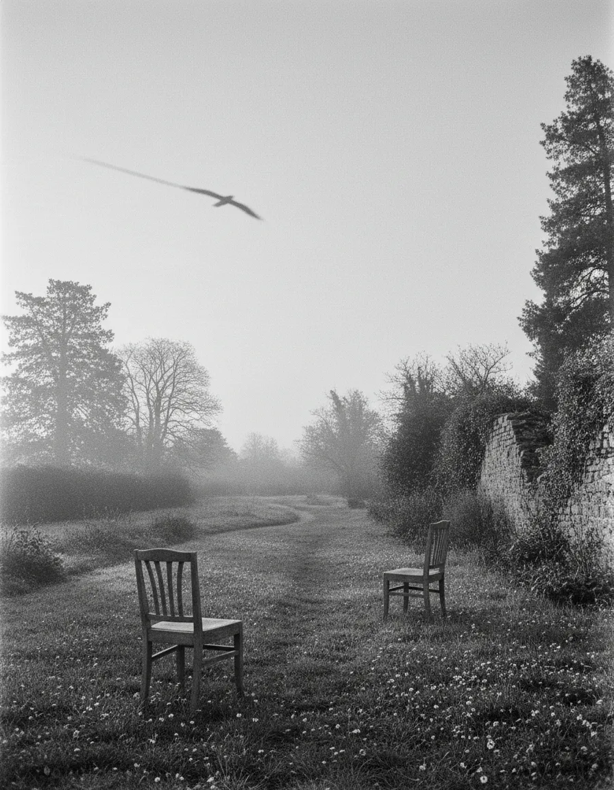 草原に違う方向を向く2つの椅子があり、その上を大きな鳥が飛んでいる様子の白黒画像