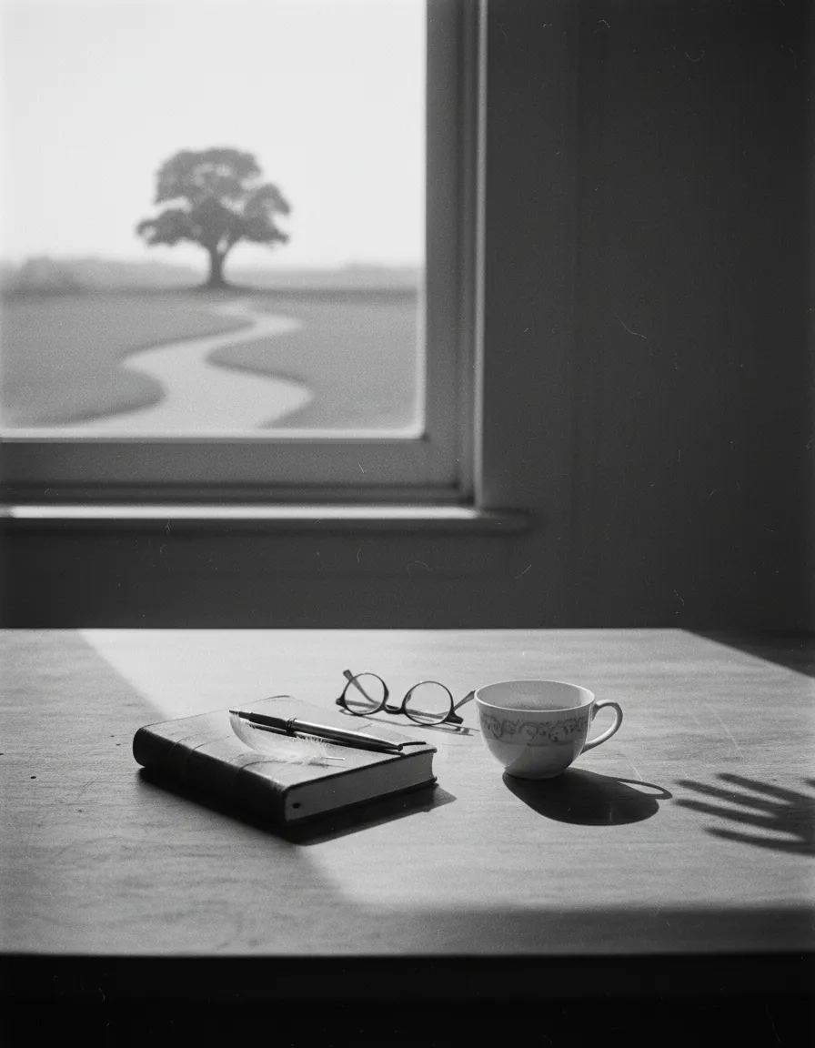 画面手前の机には本とペン、眼鏡と飲みかけのコーヒーが置かれ、室内から見える窓の奥に曲がった1本道の先に大きな木が見える白黒画像