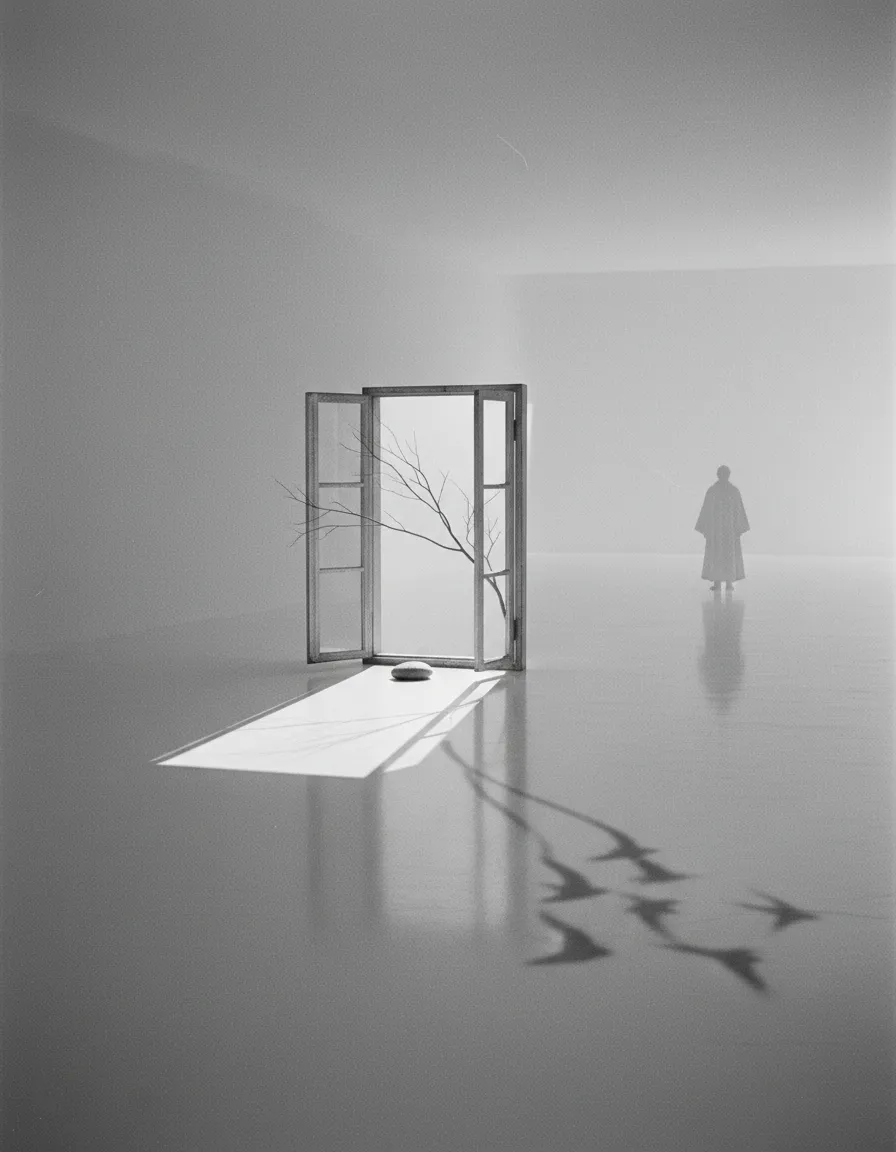 白く広い室内の中央に大きな窓枠が立ち、その窓から床に白い光が差し込む。室内奥には薄い人影が見える白黒画像