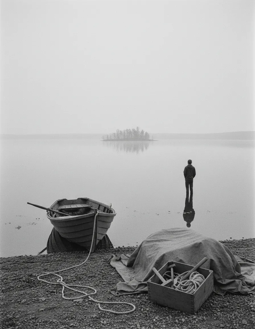 画面手前に木製のボードが岸辺に停留し、男性が湖の向こう側にある浮島を眺める白黒画像