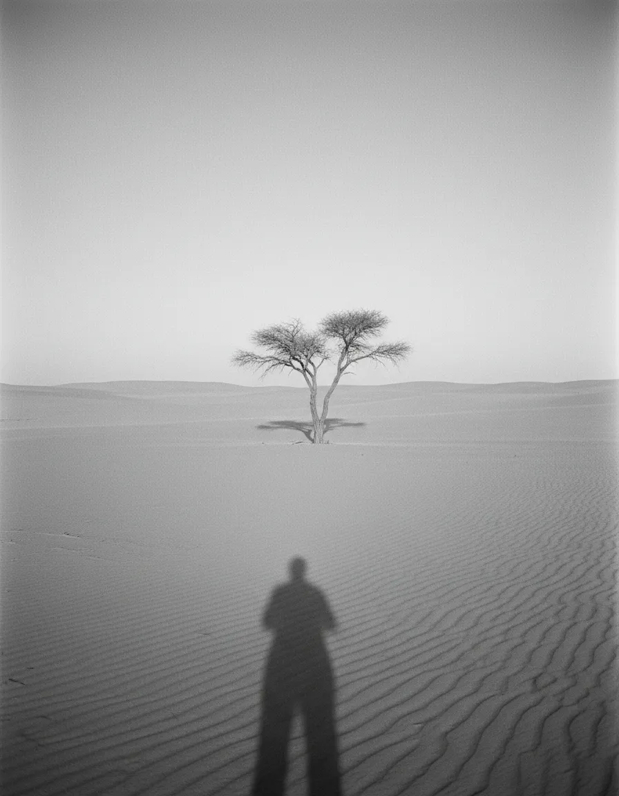 画面下半分には砂漠が広がり中央に枯れかけた木が1本立ち、手前には長く人影が伸びている白黒画像