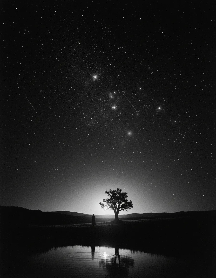 無数の星が広がる夜空の下に一本の木が立ち、山向こうから半円上に光が差し込み木のシルエットを映し出す白黒画像