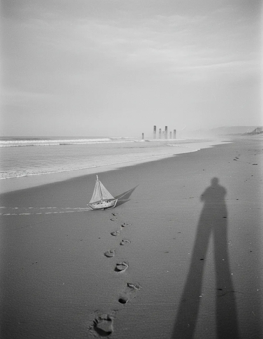 昼間の海辺にヨットの模型がおかれ、遠景には柱のようなものが見える。画面右下端から人影が長く伸びる白黒画像